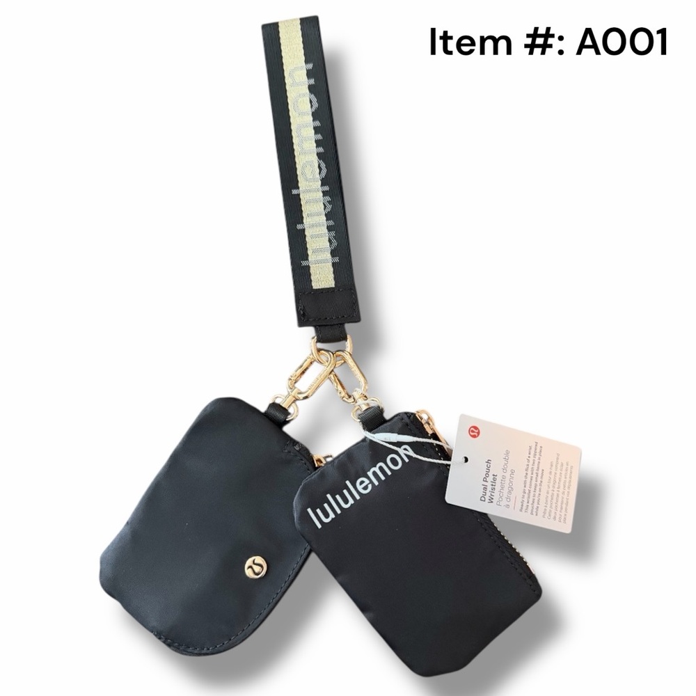 Lululemon Wordmark Black & Gold Dual Pouch Wristlet Keychain Wallet (A001)